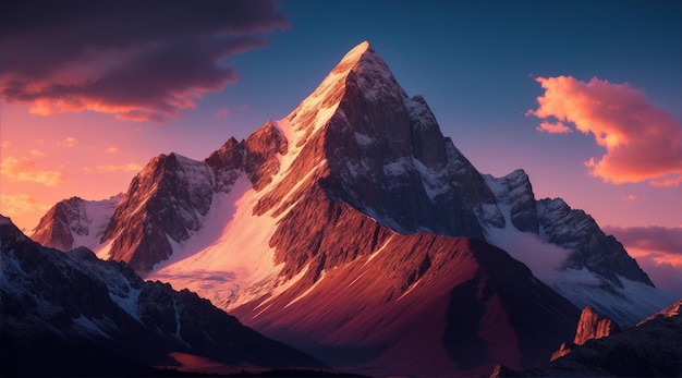La vetta della montagna si erge sopra il paesaggio roccioso il tramonto dipinge il cielo AI generativa