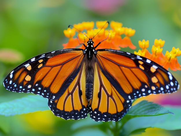 La vibrante farfalla monarca appollaiata su fiori d'arancia sullo sfondo di un lussureggiante verde
