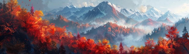 La vibrazione dell'autunno nelle illustrazioni di paesaggi di montagna