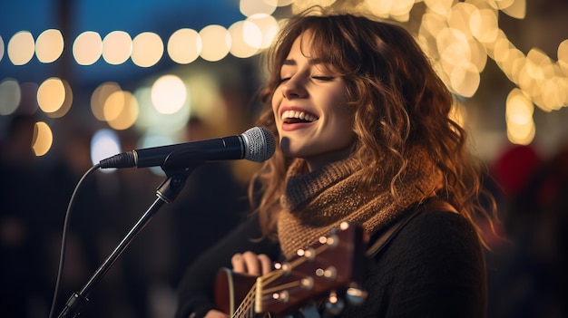 La vigilia di Natale una giovane donna suona fuori mentre canta e suona la chitarra