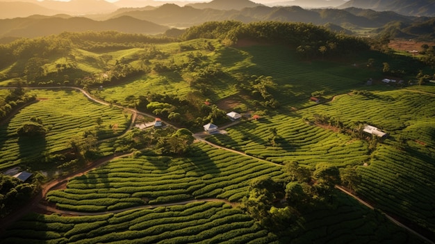 La vista aerea della piantagione di tè è nebbiosa al mattino Vietnam Generative Ai