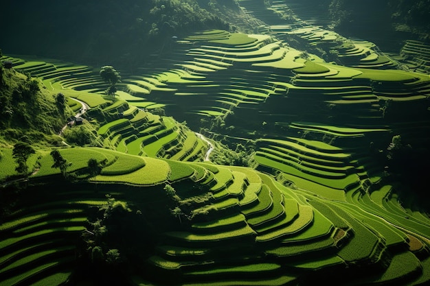 La vista aerea dello splendido paesaggio delle terrazze di riso