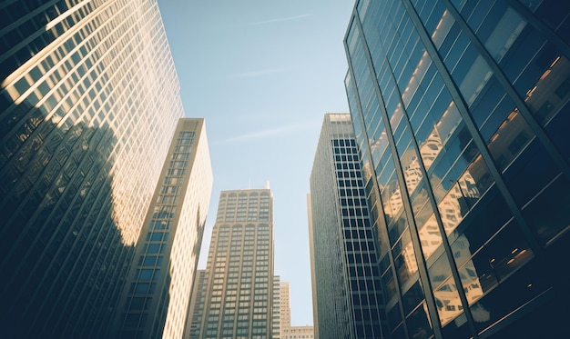 La vista dall'alto dei moderni grattacieli catturata su un film 35mm Il paesaggio urbano mostra la maestria architettonica e la dinamica della città Creato con strumenti generativi di AI