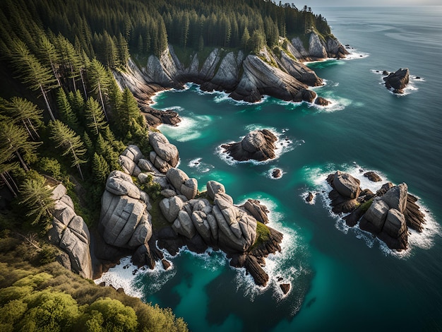 La vista dall'alto di una costa oceanica con il forset