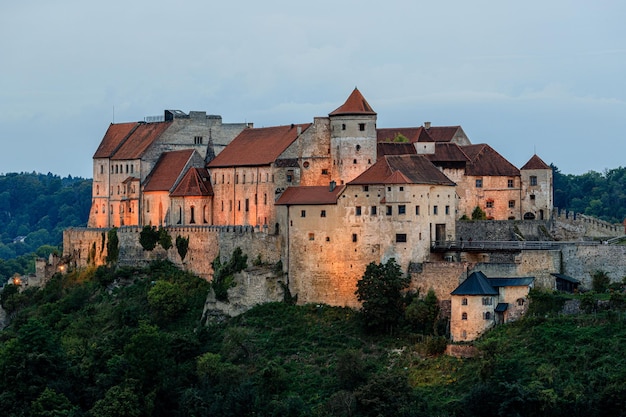 La vista del castello di Burghausen circondato dal verde della vegetazione. Alta Baviera, Germania.