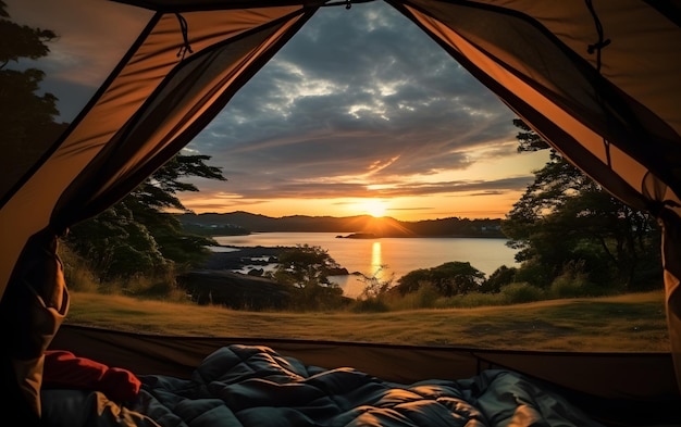La vista del paesaggio sereno dall'interno di una tenda Camping tramonto