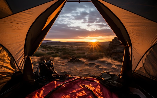 La vista del paesaggio sereno dall'interno di una tenda Camping tramonto