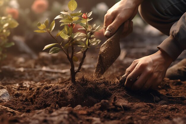 La vista del primo piano di una mano di un giovane sta piantando un fiore nel suo giardino