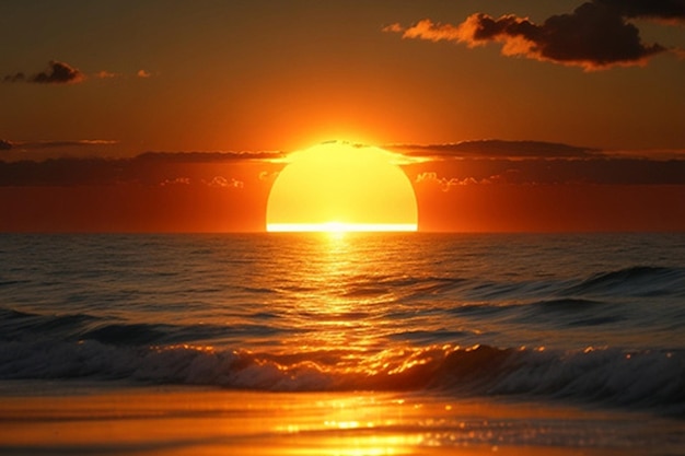 La vista del sole dorato che tramonta dietro un calmo orizzonte oceanico