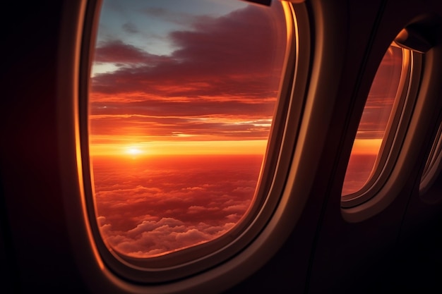 La vista del tramonto dalla finestra dell'aereo Generative By Ai