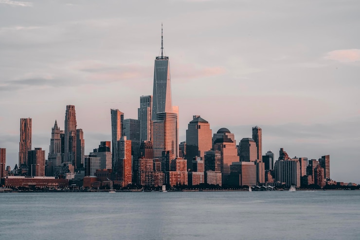 Foto la vista del tramonto di new york city manhattan