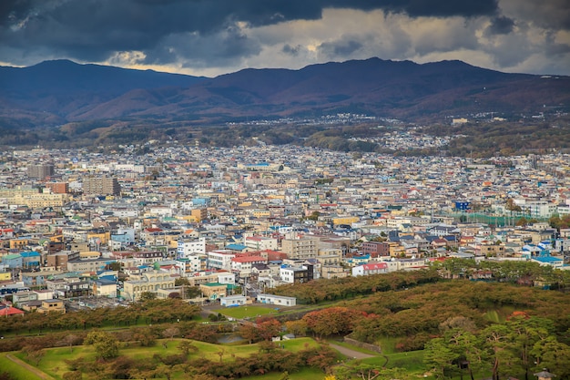 La vista della città di Hakodate dalla cima della torre Goryokaku.