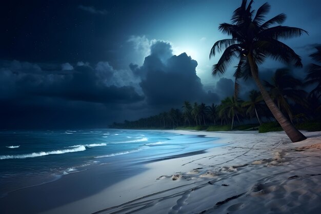 La vista della spiaggia tropicale con sabbia bianca, acqua turchese e palme nella notte di luna piena. La rete neurale ha generato un'immagine fotorealista non basata su alcuna scena o modello reale.