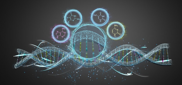 La vista di un 3d rende il DNA isolato sopra