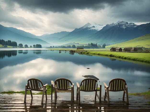 la vista di un lago in mezzo a un prato dopo la pioggia