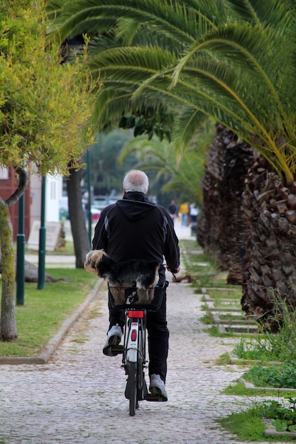 La vista di un uomo senior che cammina su una bicicletta con è cane.