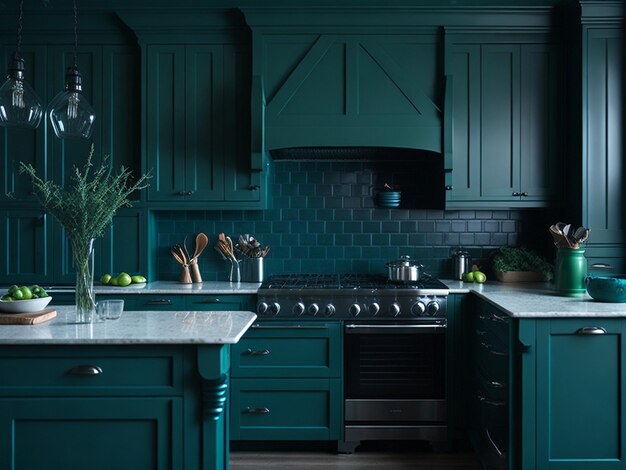 La vista di una cucina verde splendidamente decorata