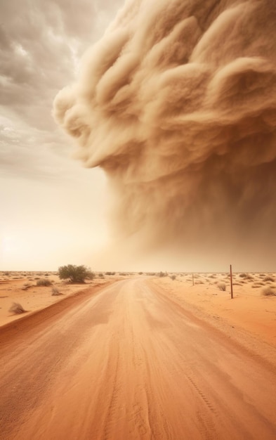 La vista di una strada deserta solitaria nelle sabbie