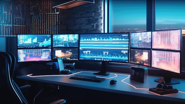 La vista laterale da un computer con più schermi che mostrano social media e notizie sullo sfondo di un ufficio moderno bellissimo Generative AI AIG32