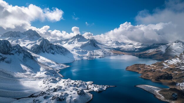 La vista panoramica aerea delle montagne innevate