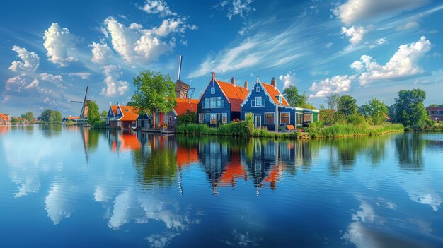 La vista panoramica dei tradizionali mulini a vento olandesi e delle case colorate a Zaandam, nei Paesi Bassi