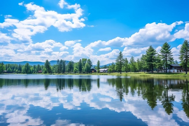 La vista panoramica del lago contro il cielo blu
