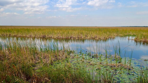 La vista panoramica del lago contro il cielo