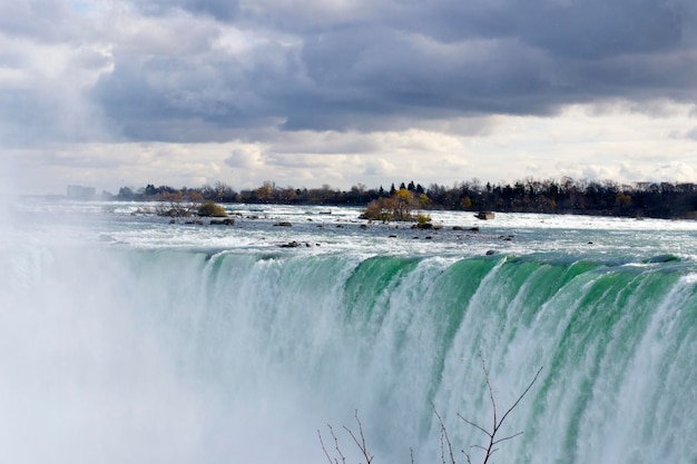 La vista panoramica delle cascate del Niagara sul cielo nuvoloso