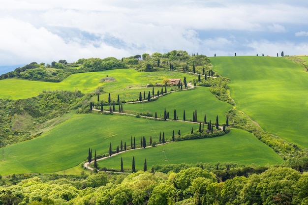 La vista panoramica delle verdi montagne contro un cielo nuvoloso
