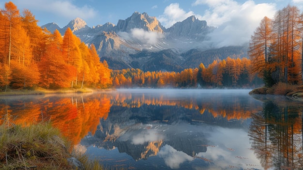 La vista panoramica di un lago di montagna in autunno