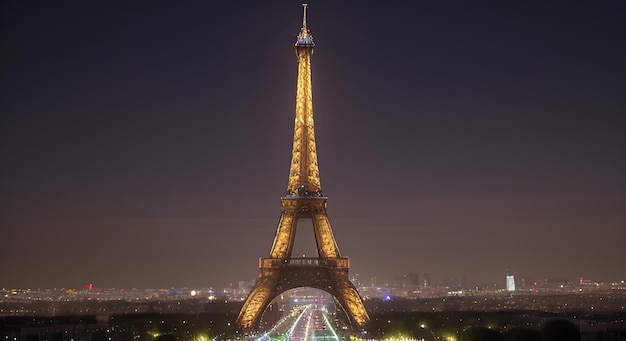 La vista panoramica generata dall'AI della Torre Eiffel realistica di notte