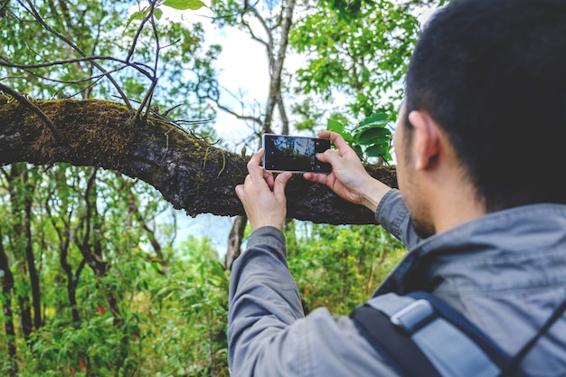 La vista posteriore dell&#39;uomo barbuto sta prendendo la foto con la macchina fotografica del telefono cellulare