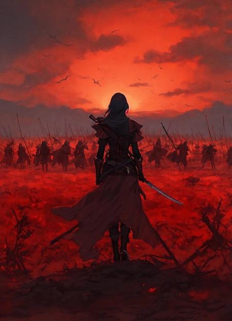 La vista posteriore di una donna assassina su un campo di batte coperto di cadaveri il cielo è colorato da un sole rosso