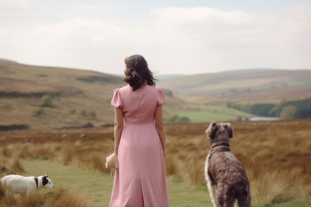 La vista posteriore di una donna con un vestito rosa e il suo cane che guardano fuori a te cutryside