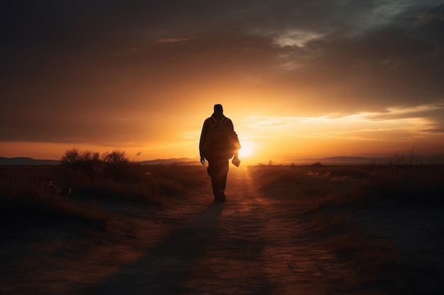 La vista posteriore di una persona che cammina verso un tramonto che rappresenta speranza e progresso