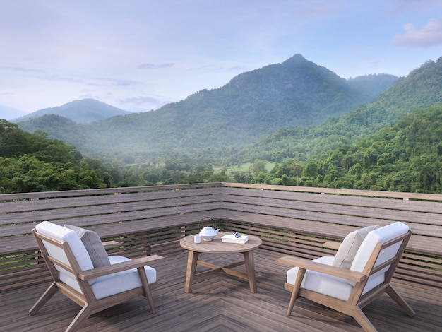 La vista sulle montagne di mattina su un balcone in legno 3d rende. Sono presenti terrazze in legno antico. Arredate con tessuti e mobili in legno. con vista sulla natura circostante.