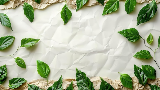 La vista superiore delle foglie viene conservata come cornice in una carta artigianale con uno spazio vuoto all'interno per il testo o la pubblicità del prodotto