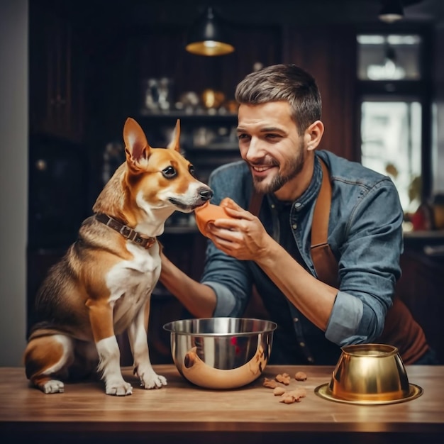 La vita domestica con l'animale da compagnia Mangiare un labrador retriever affamato Il proprietario dà al suo cane una ciotola di granuli