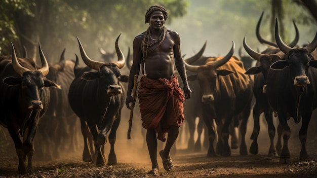 La vita quotidiana del popolo Mandari del Sudan meridionale che alleva il bestiame Ankole Watusi a corna lunghe