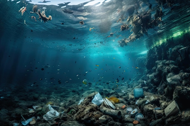 La vita sotto l'oceano con microplastiche e altri rifiuti galleggianti creati con l'intelligenza artificiale generativa