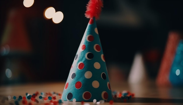 La vivace decorazione natalizia dei giocattoli illumina il tavolo in legno con colori gioiosi generati dall'intelligenza artificiale
