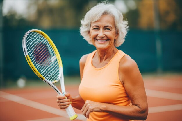 La vivace donna anziana tiene una racchetta da tennis e un gioco sportivo attivo con la palla sul campo