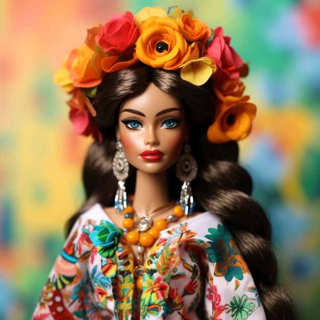 La vivace festa di Barbie Un Huipil messicano e una delizia con una corona di fiori