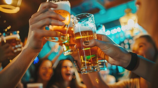 La vivace vita notturna degli amici che si godono la birra in un'atmosfera vibrante del bar