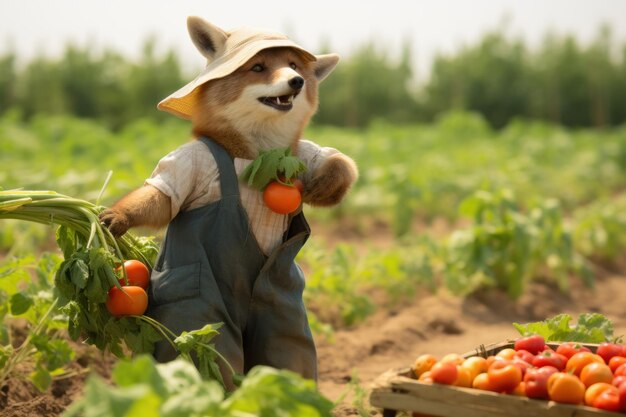 la volpe antropomorfa sta lavorando come contadino indossa un cappello di paglia e una tuta e sta raccogliendo verdure in un campo