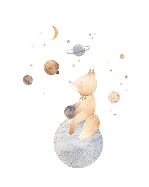 La volpe carina sogna lo spazio La volpe si siede sul pianeta e guarda nel cielo Decorazione per una stanza per bambini Illustrazione ad acquerello