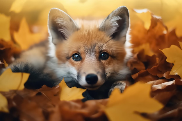 La volpe rossa corre tra le foglie d'autunno arancioni della foresta.