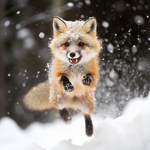 La volpe rossa salta nella foresta invernale bellissimo animale in natura