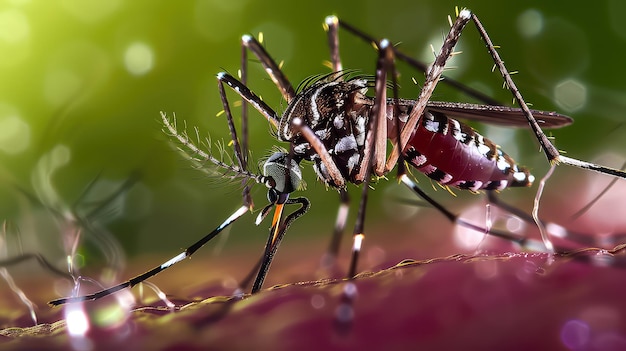 La zanzara Aedes aegypti succhia il sangue umano virus della zanzara pericoloso nella pelle umana virus della febbre emorragica Maedes
