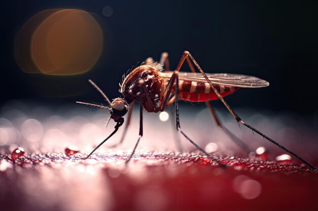 La zanzara Aedes che trasporta la febbre dengue Il virus Zika succhia il sangue sulla pelle di una persona Le zanzare sono portatrici della febbre Dengue e della malaria Chikungunya Mayaro Febbre gialla Generativa Ai